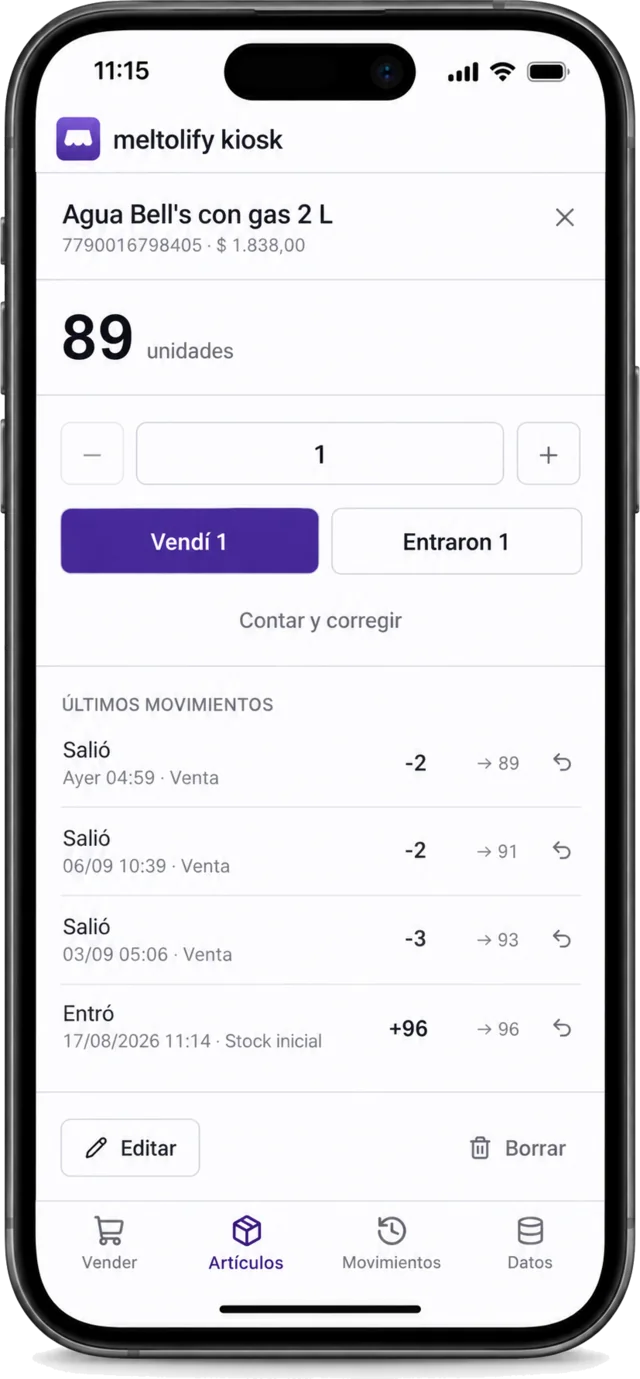 meltolify kiosk en un iPhone, mostrando la ficha de un producto con su stock actual y sus últimos movimientos