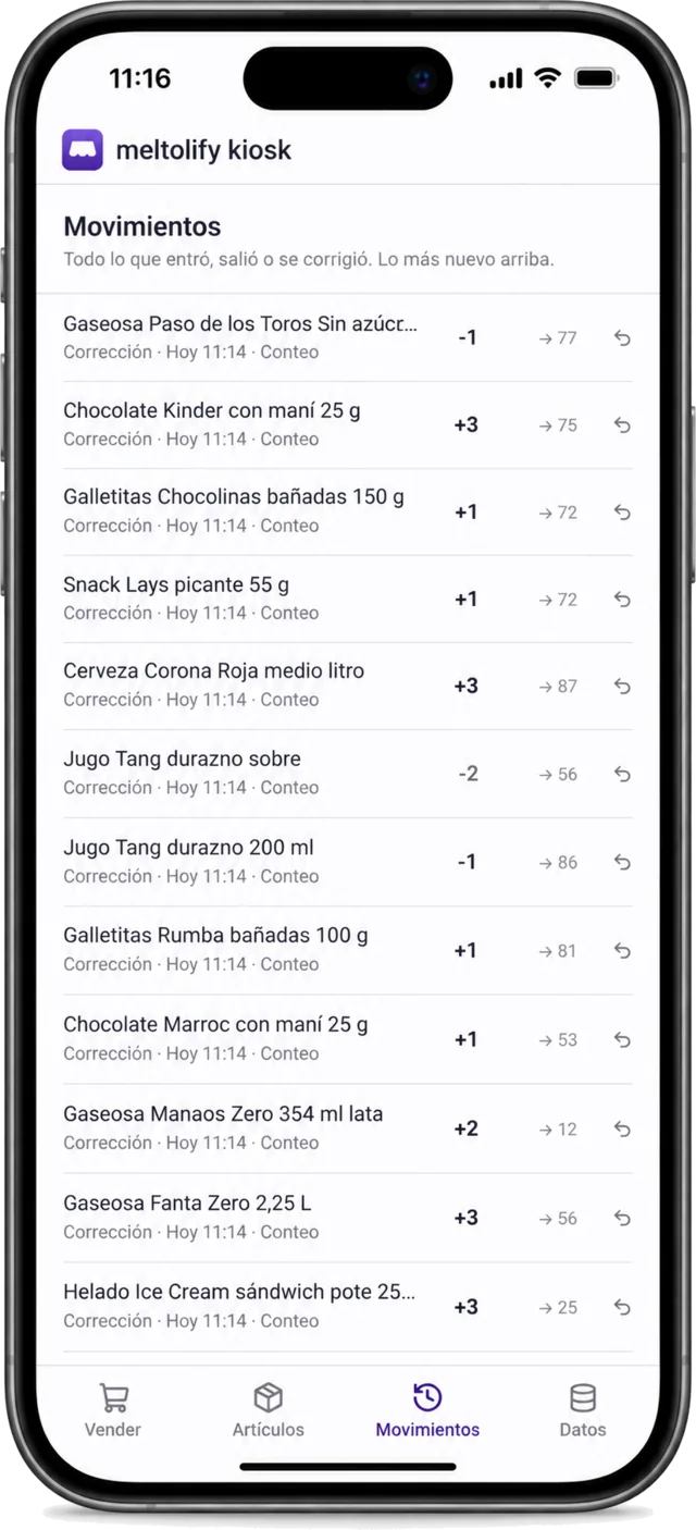 Control de stock: historial de movimientos con lo más reciente arriba y la existencia resultante a la derecha de cada renglón