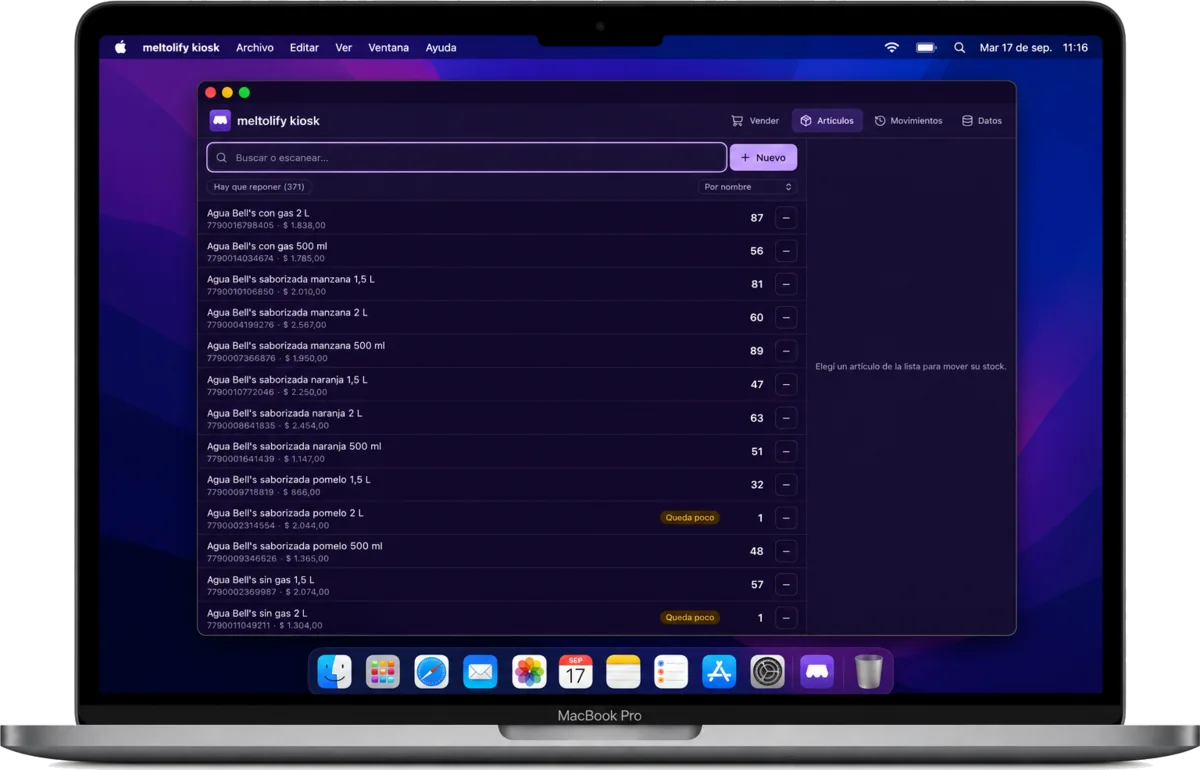 Control de stock de meltolify kiosk en una notebook con macOS: el listado de productos filtrado por los que necesitan reposición