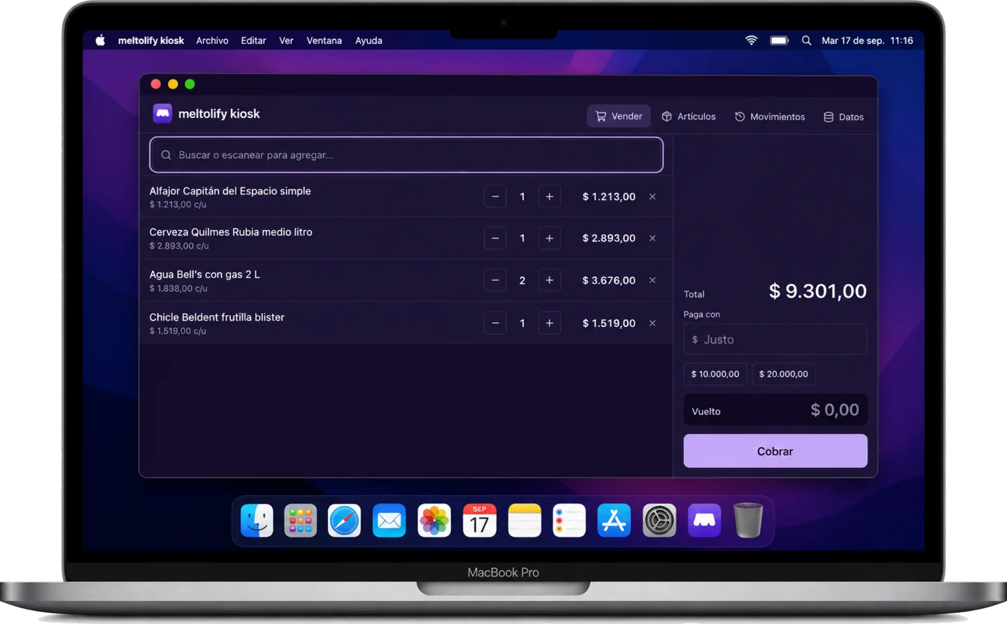 Punto de venta meltolify kiosk en una notebook, con cuatro artículos cargados en la venta y la caja como columna fija al costado