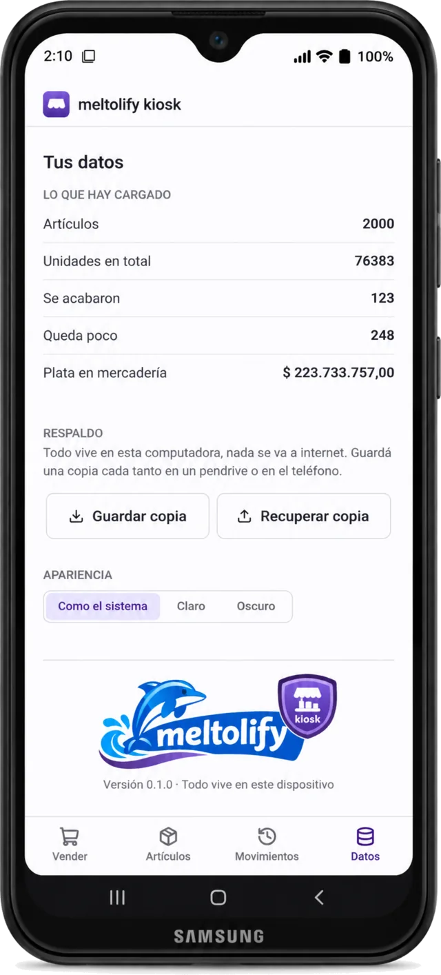meltolify kiosk en un celular Android (Samsung), mostrando el resumen del inventario y los botones para guardar y recuperar una copia de respaldo