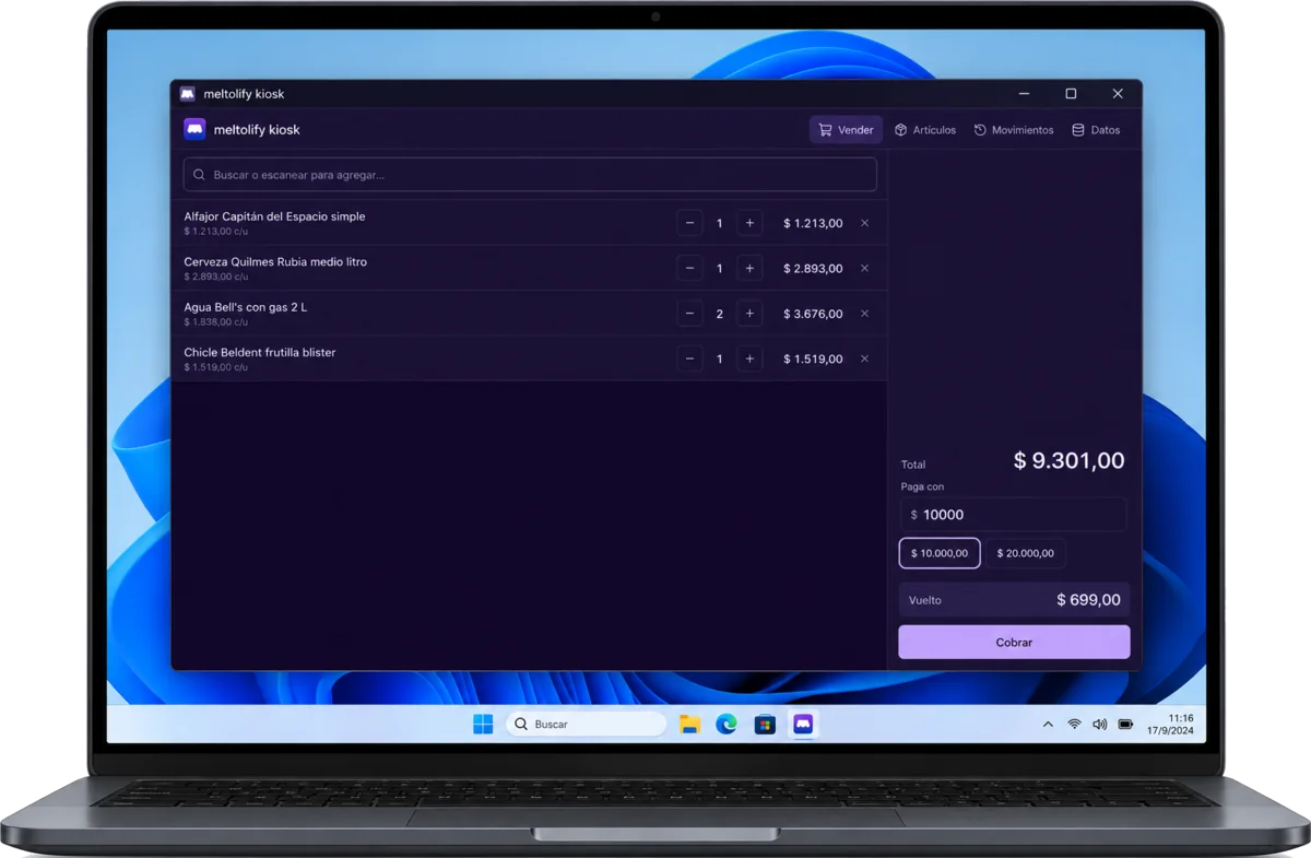meltolify kiosk en una notebook con Windows, con la venta a la izquierda y la caja con el vuelto calculado a la derecha